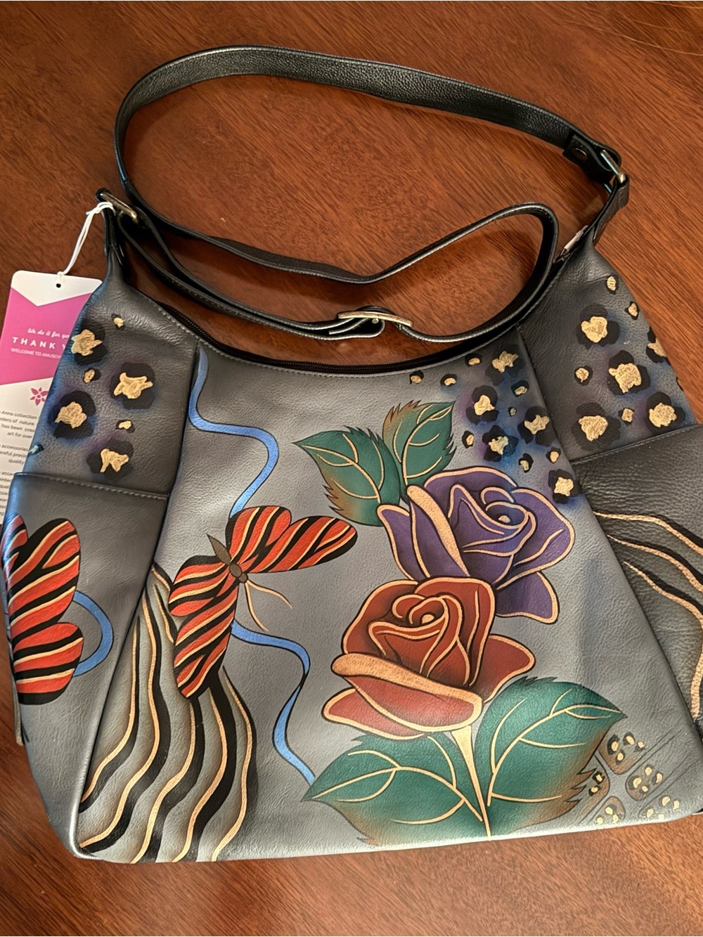 NWT Anuschka Hand-Painted Roses/Butterflies Large Crossbody Bag in BlackMulti